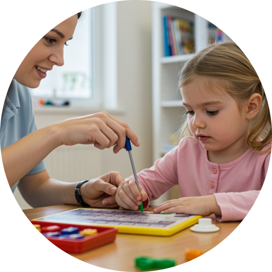 on-target-childs-progress-2 A teacher helps a young girl with a hands-on learning activity at a table.
