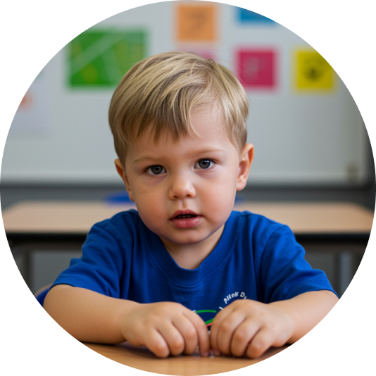 on-target-childs-progress A young boy in a blue shirt sits at a classroom table, looking at the camera.