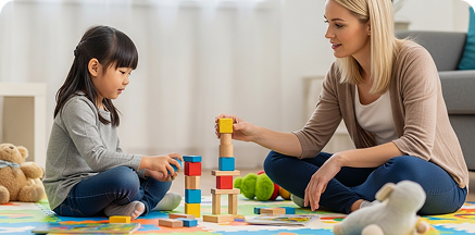 on-target-home-based Young girl and an adult woman sitting on the floor playing with colorful wooden building blocks.
