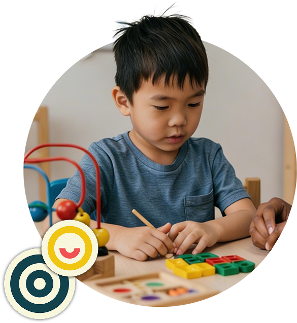on-target-miracles Young boy sitting at a table playing with colorful wooden educational toys.