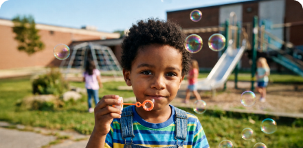 on-target-school-based Young boy blowing bubbles on a playground.