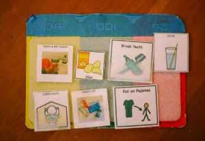 A visual aid listing scheduled activities which can help a child with autism who is throwing.