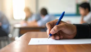 Hand holding a pen, as you might when taking the RBT exam for RBT certification. 