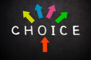 The word choice surrounded by colorful arrows, representing the choices presented in a preference assessment.